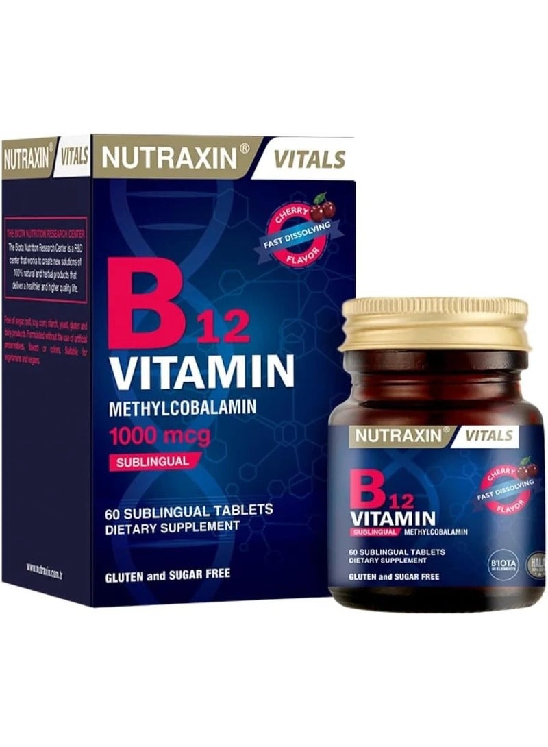 Nutraxin Vitamin B12 Sublingual, Cherry Flavored, Fast Dissolving 1000 mcg 60 Vegan Tablets - Image 1